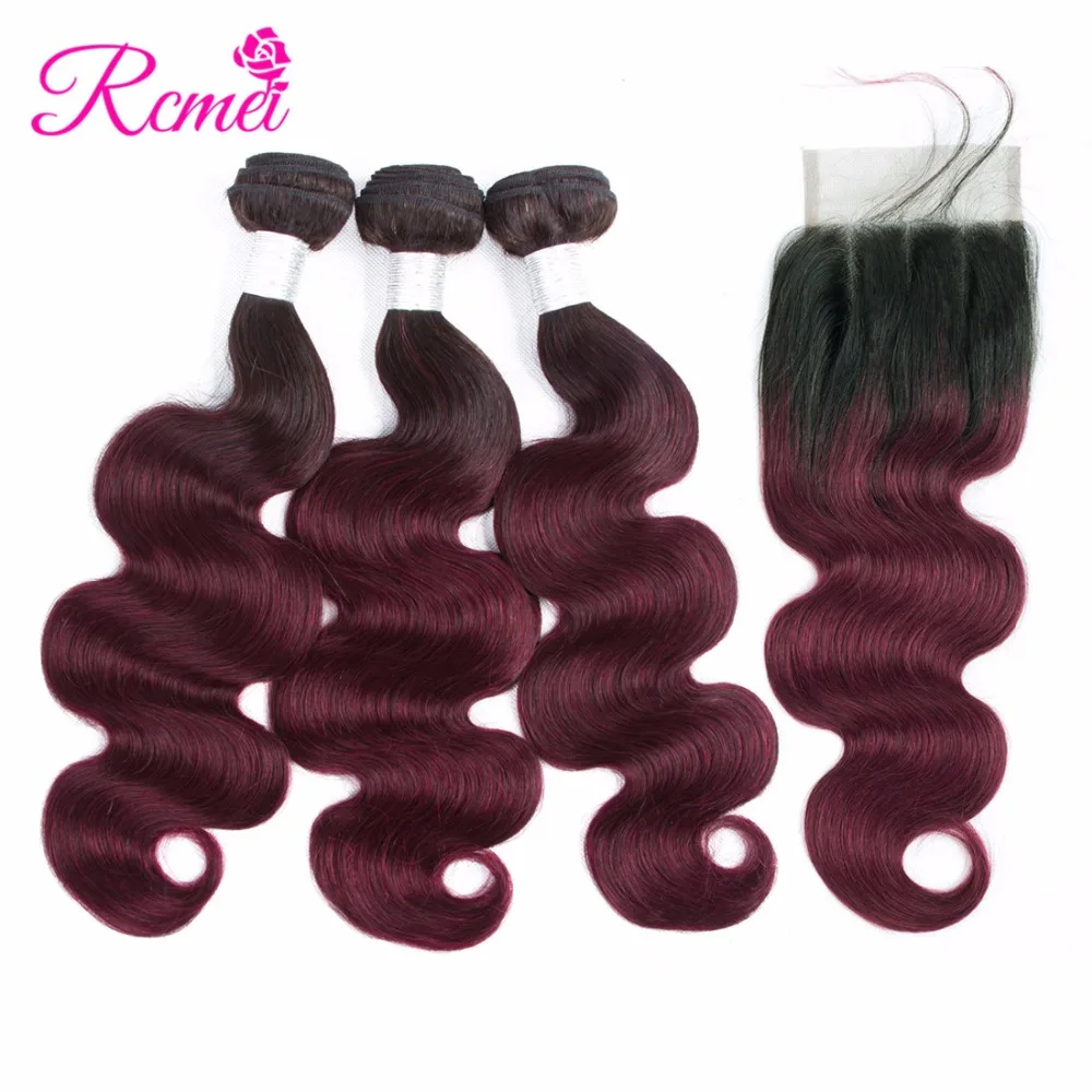 Ombre Bundles With Closure 1B/99j Colored Brazilian Body Wave Dyed Bundle 4PCS Deal Wine Red 2 Tone Human Hair Weav |