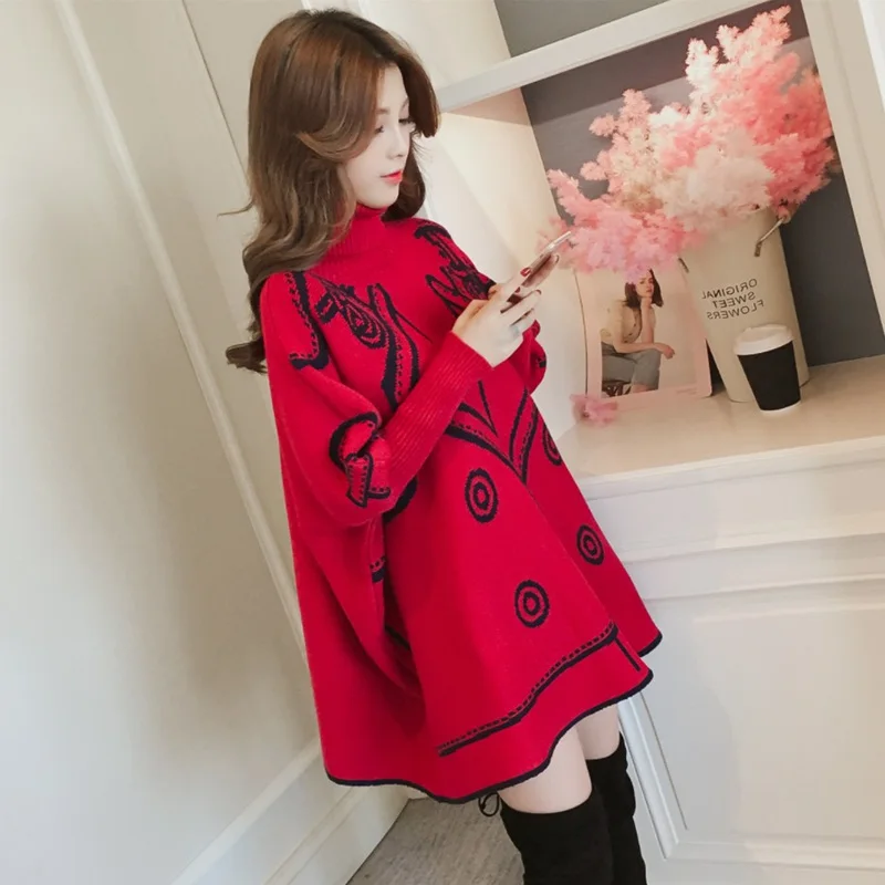 Красный Afei Tony pregnant women winter long design turtleneck sweater maternity plus size batwing sleeve a-line knitted pullovers - Цвет: Красный