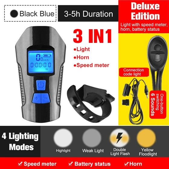 Deluxe Black Blue Водонепроницаемый велосипедный светильник, заряжаемый от USB велосипедный передний светильник, светильник-вспышка с велосипедным компьютером, ЖК-спидометр, велосипедный головной светильник - Цвет: Deluxe Black Blue