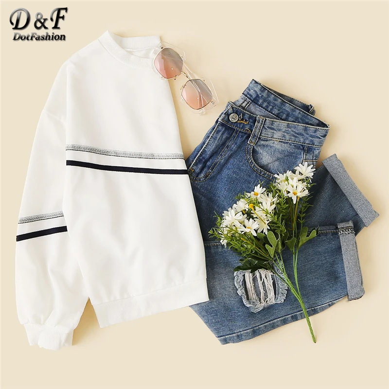 Dotfashion, белая, с лентами, с заниженным плечом, толстовка, повседневная, с длинным рукавом, с круглым вырезом, женские осенние Топы, Kawaii, толстовка