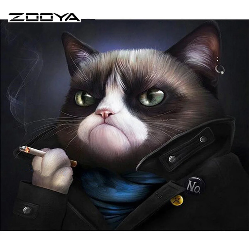 

ZOOYA 5D DIY Diamond Painting Cat Crystal Diamond Painting Cross Stitch Lovely Black Cat Smokes Needlework Home Decorativ F978