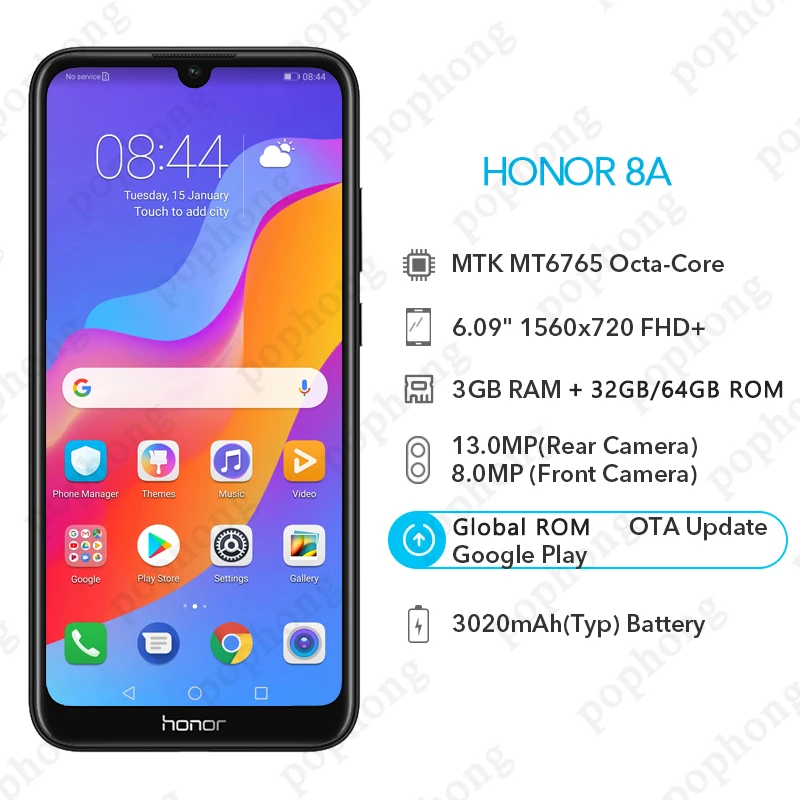 Мобильный телефон HONOR 8A с глобальной прошивкой, 6,09 дюймов, 3 ГБ, 32 ГБ, Восьмиядерный процессор MTK6765, Android 9,0, 3020 мАч, разблокировка лица, 1560x720