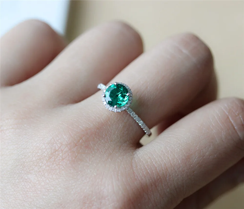 

DUPUY 7mm Round Cut Lab Created Emerald Ring Halo Diamonds Stackable 14K White Gold Engagement Ring Half Eternity Diamonds Band