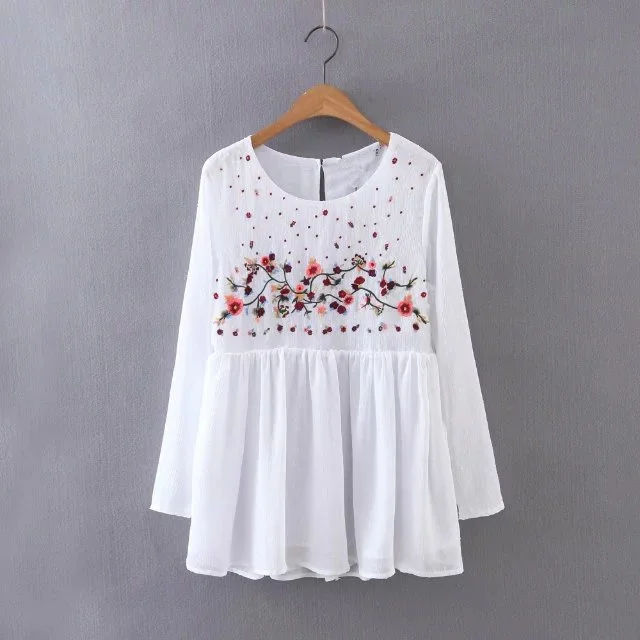 2017 new spring women vintage flower embroidery mesh blouses shirts retro black white colors back hole casual slim blusas S-L |