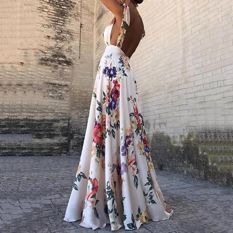 Женское длинное пляжное платье Boho белое с открытой спиной и цветочным