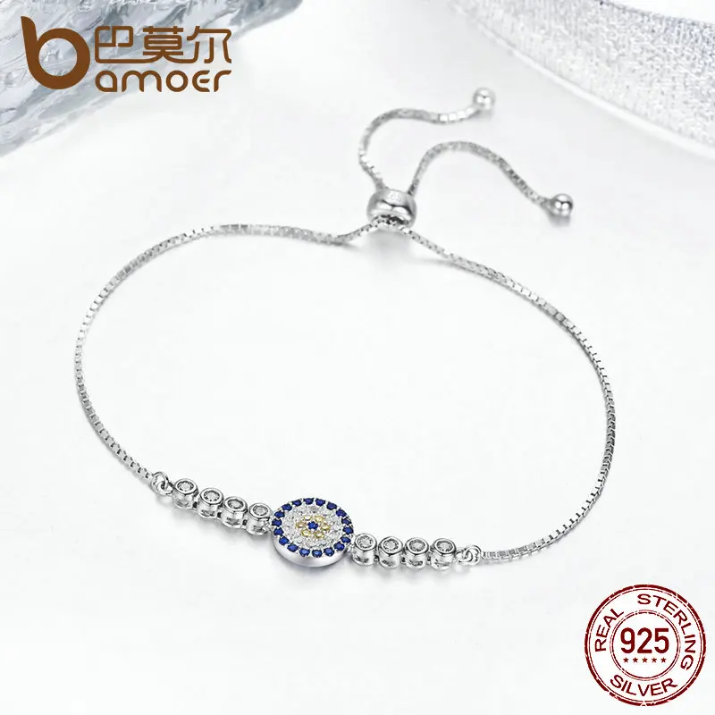 BAMOER 925 пробы Серебряный счастливый круглый голубой глаз мощный Теннисный браслет Pave CZ Регулируемый звено цепи браслеты ювелирные изделия SCB006