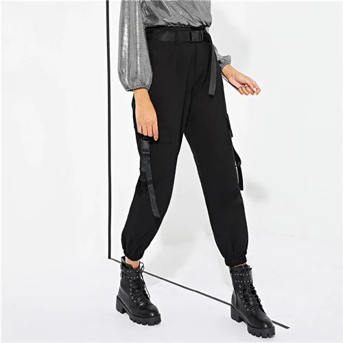 Черный SweatyRocks, однотонные брюки-карго с карманами, уличная одежда, женские черные брюки в стиле рок, весна, женские повседневные брюки с поясом - Цвет: Черный
