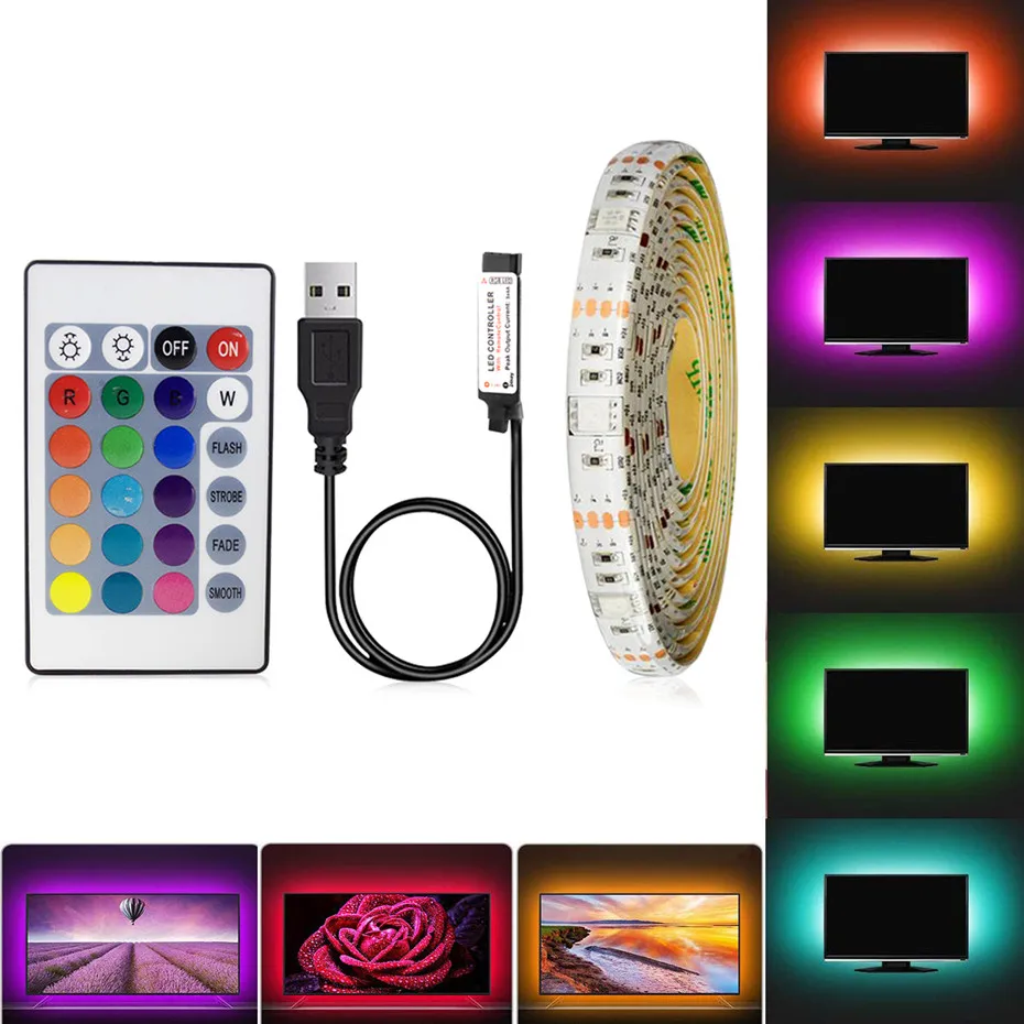 Светодиодная лента RGB Водонепроницаемая USB 5 в Светодиодная лента e RGB/белый/теплый белый ТВ ПОДСВЕТКА 1 м 2 м 3 м 4 м 5 м гибкая светодиодная лента