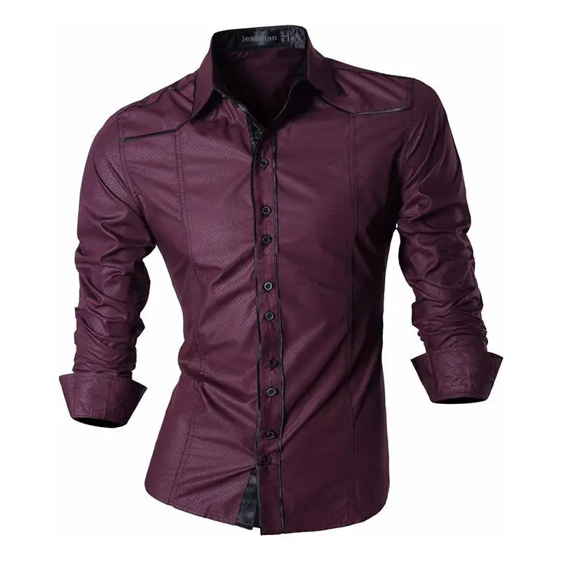 Z034-WineRed Джинсовое мужское модное платье повседневные рубашки на пуговицах с длинным рукавом приталенный дизайн 2028 темно-синий - Color: Z034-WineRed