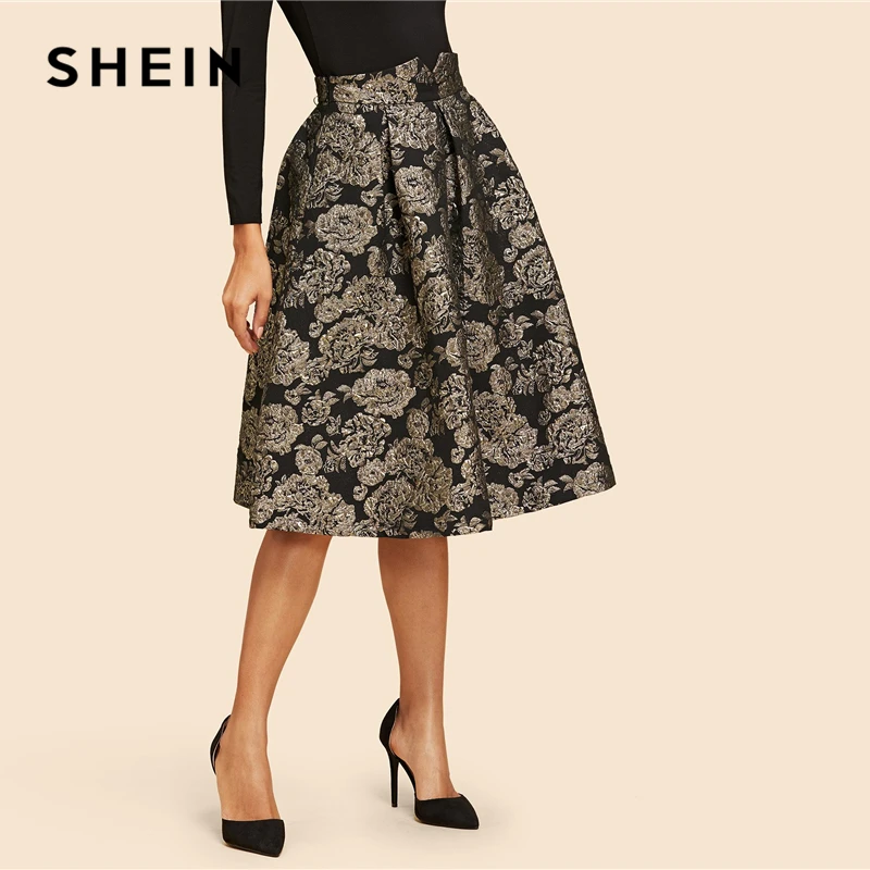 SHEIN винтажная Юбка До Колена с золотым цветочным принтом со средней талией Осенняя элегантная Современная Женская юбка