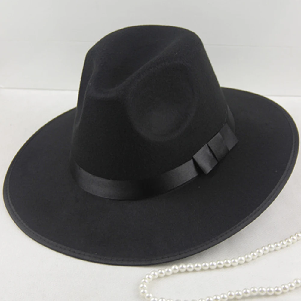 Men's and Women's British Vintage Wide Brim Ribbon Warm Wool Hat Bowler Jazz Black hat Cap For Winter Summer Autumn