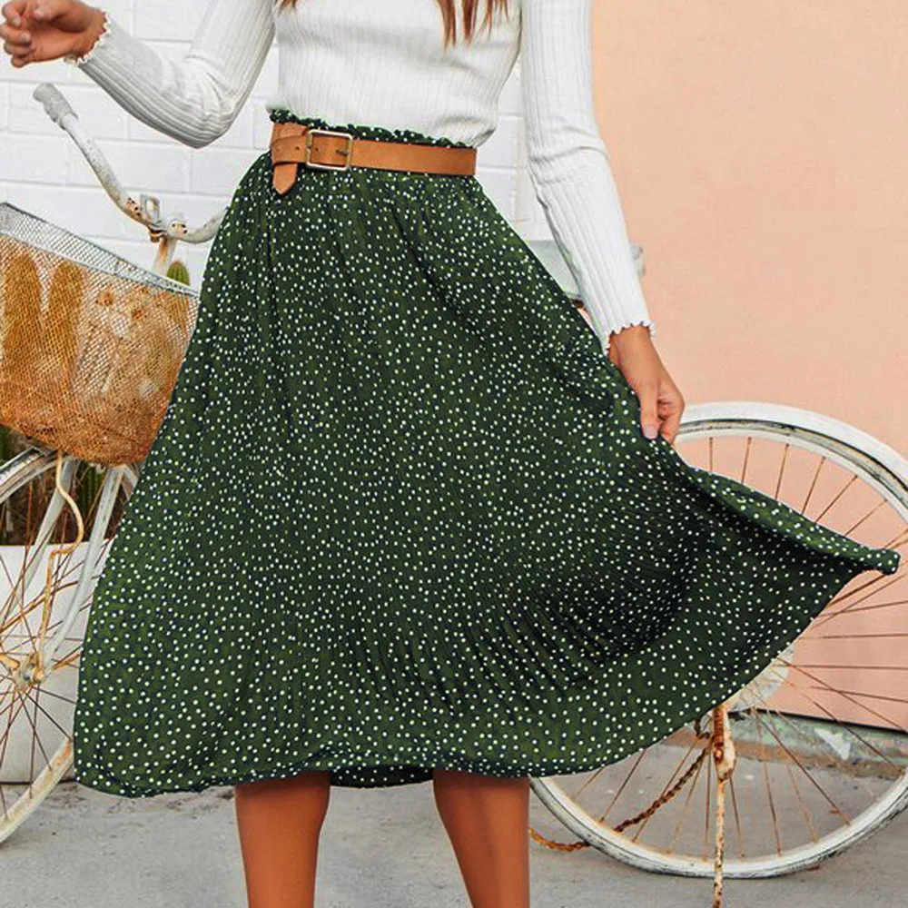 Зеленый Модная женская плиссированная юбка в горошек с принтом, Boho, длинная юбка макси для вечеринки, jupe femme - Цвет: Зеленый