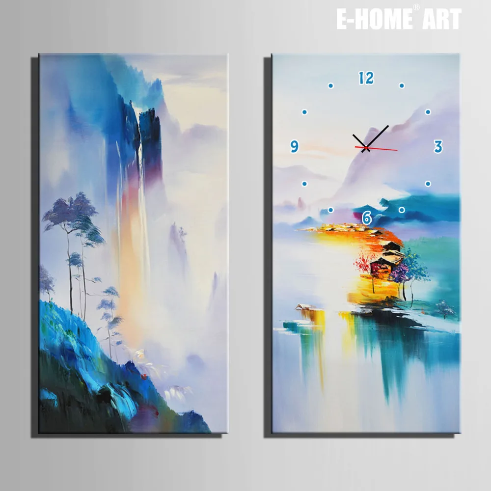 

Бесплатная доставка, технические яркие часы с изображением гор и воды, настенные часы из холста, 2 шт.