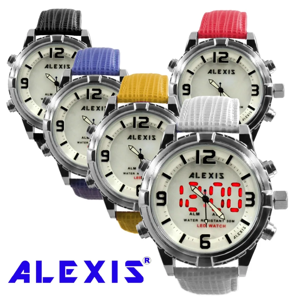 Часы Alexis Fashion Мужские водонепроницаемые LED andigit с кожаным ремешком черный белый