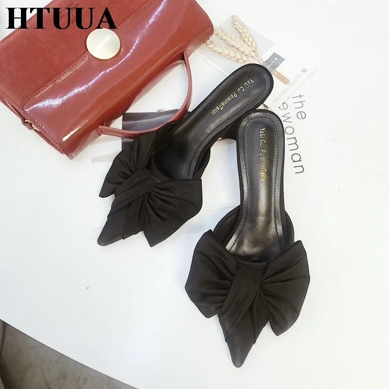 HTUUA/2019 г. летние шлепанцы в горошек с бантом женские туфли сабо острым носком