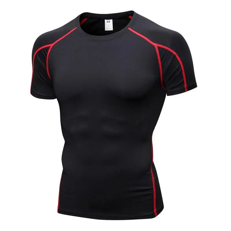 black and red Летняя Спортивная Мужская дышащая облегающая футболка с коротким рукавом для фитнеса и бега, стрейчевая быстросохнущая футболка - Цвет: black and red