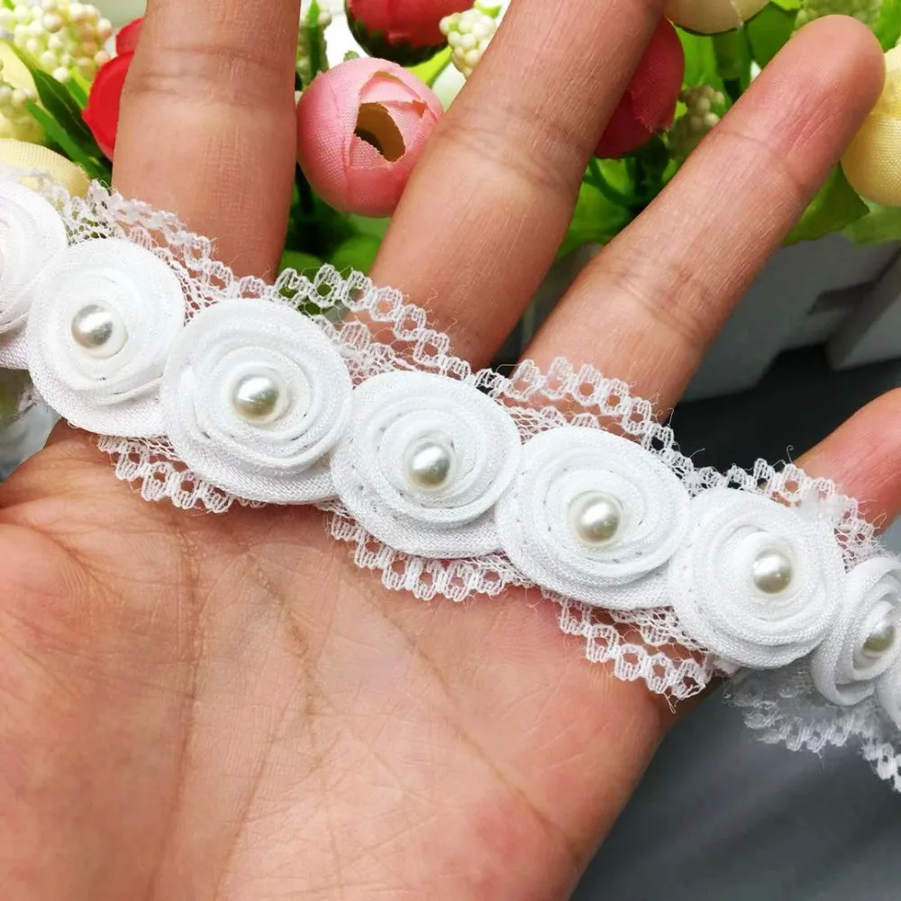 1 ярд Классический белый жемчуг повернуть цветок вышитые кружева отделка ленты