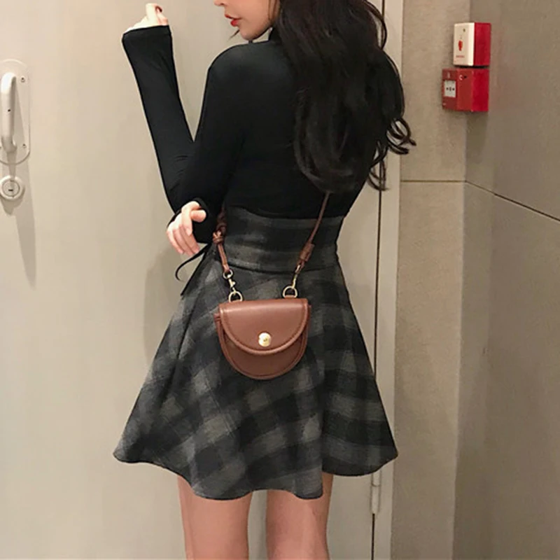 Черная винтажная твидовая клетчатая юбка трапециевидной формы со шнуровкой и