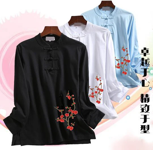 Вышивка Слива с длинным рукавом Тай чи костюм кунг фу taijiquan футболка ушу боевые