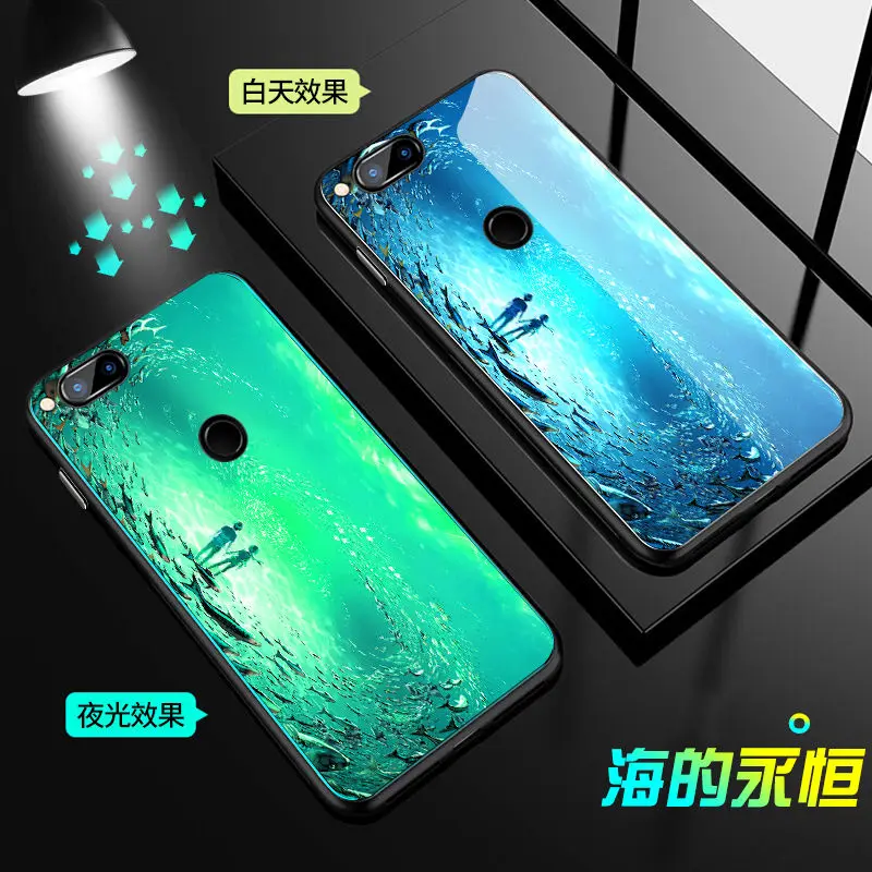Чехол для huawei Honor 7X, чехол, светящаяся задняя крышка из закаленного стекла для huawei Honor 7A 7C Pro 8A, чехол, силиконовый чехол для телефона - Цвет: B