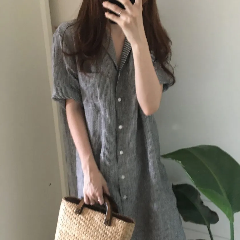 Женское платье-рубашка с отложным воротником повседневное однобортное платье
