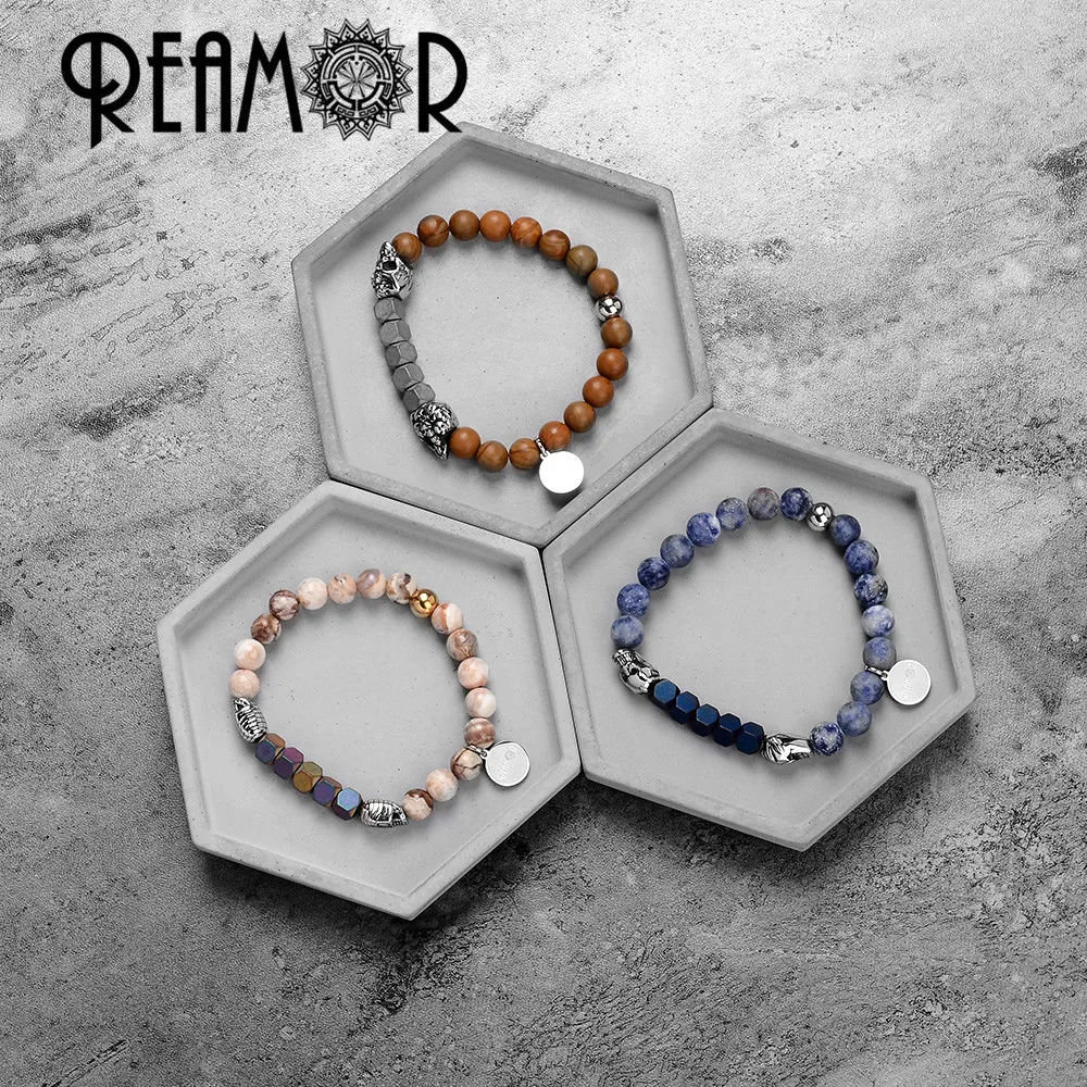 Мужской браслет с черепами REAMOR из натуральной древесины и железного руда стрейч