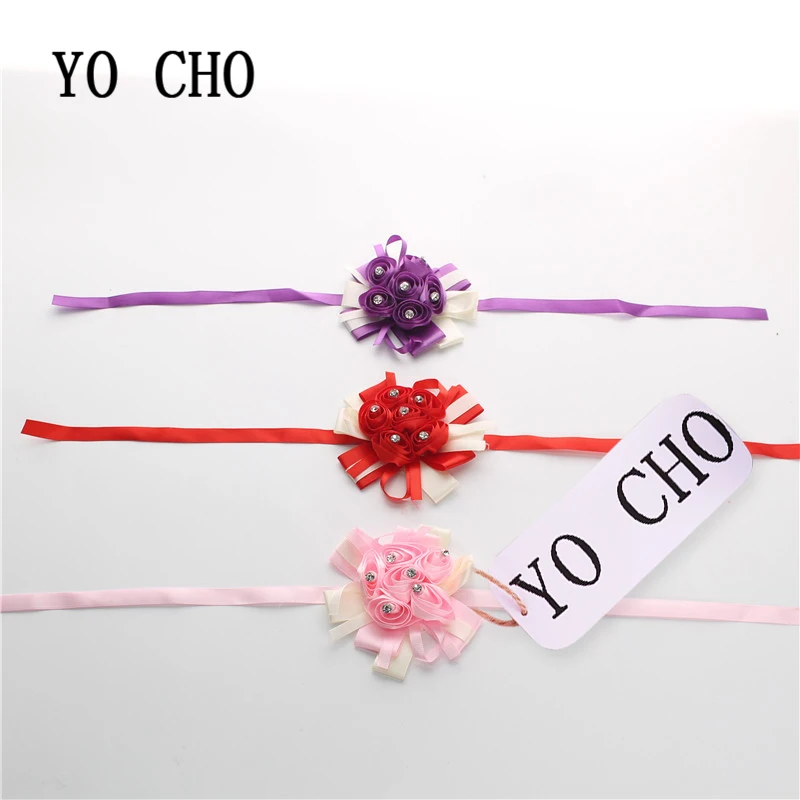 

YO CHO 10pcs/lot rhinestone wrist hand flowers bride bridesmaids wrist corsages groom corsages boutonniere Party wedding decor
