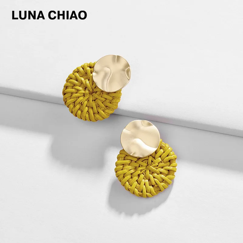 Женские круглые вязаные Серьги-пусеты LUNA CHIAO крашеные серьги-Пусеты Из Ротанга