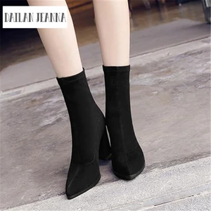 2017 г. Новые ботинки в европейском и американском стиле замшевая обувь сапоги-чулки на высоком каблуке с острым носком, толстые сапоги