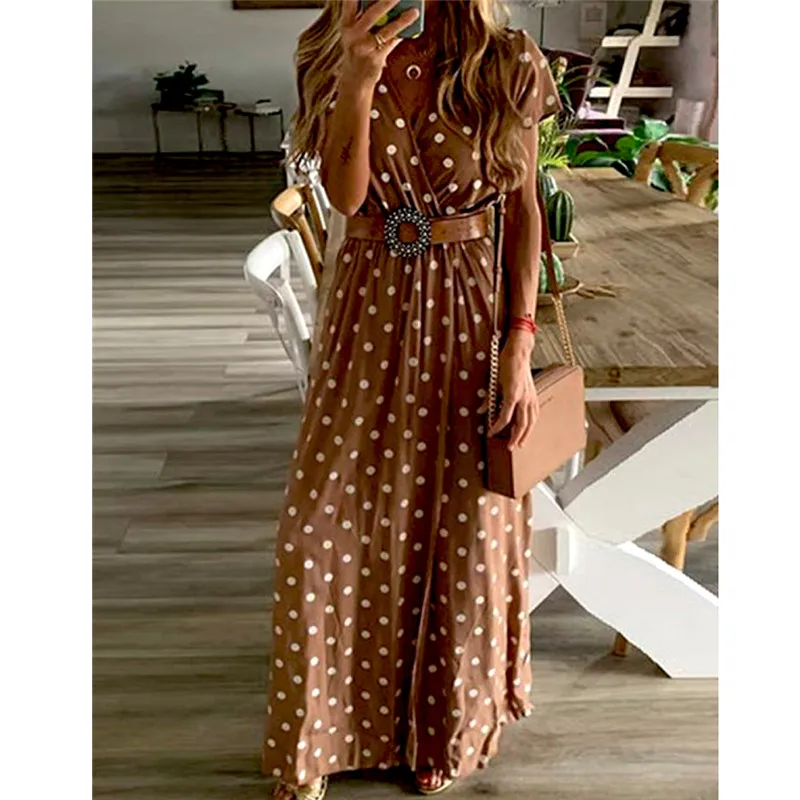 Женское длинное платье макси в горошек Poka летнее свободное стиле бохо с коротким