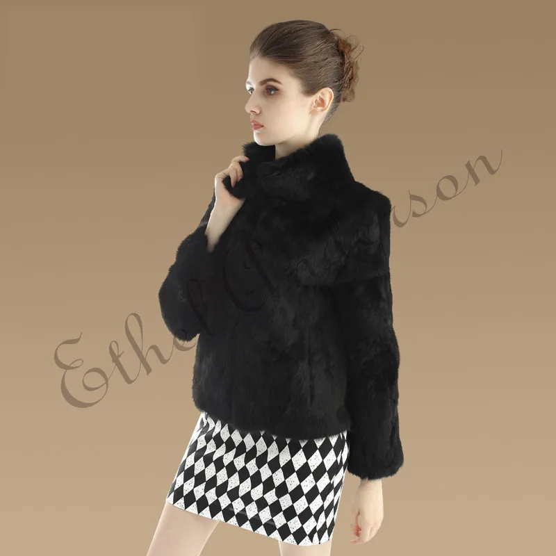Ethel Anderson Women's Real Rabbit Fur Coat Stand-up Collar Design Jacket White/Black