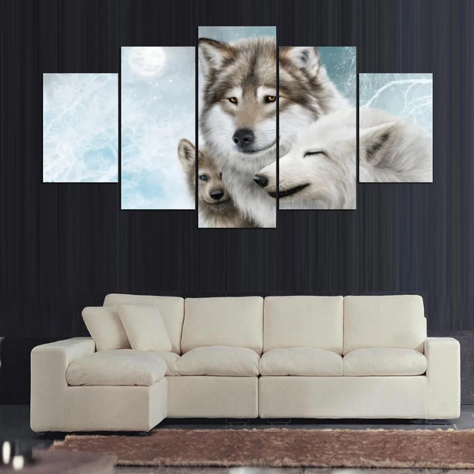 

JIE DO ART Wall Painting On Canvas Home Decoration 5 Panel Animal Wolf Living Room Art Pictures Printed Cuadros Posters