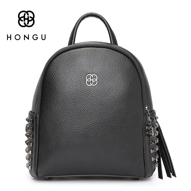HONGUFashion женский рюкзак женская сумка на плечо для отдыха высококлассная натуральная кожаная сумка с заклепками защита для девочек колледжа Повседневная - Цвет: Black 0153
