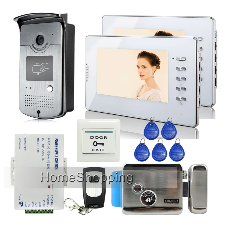 Видеодомофон 7 дюймов с 2 белыми мониторами и RFID считывателем|door phone intercom system|intercom