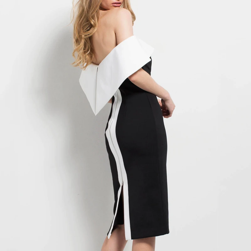 INDRESSME, новинка, женское сексуальное Бандажное платье, черно-белое, в стиле пэчворк, с вырезом лодочкой, без бретелек, с оборками, летнее, женское, модное платье
