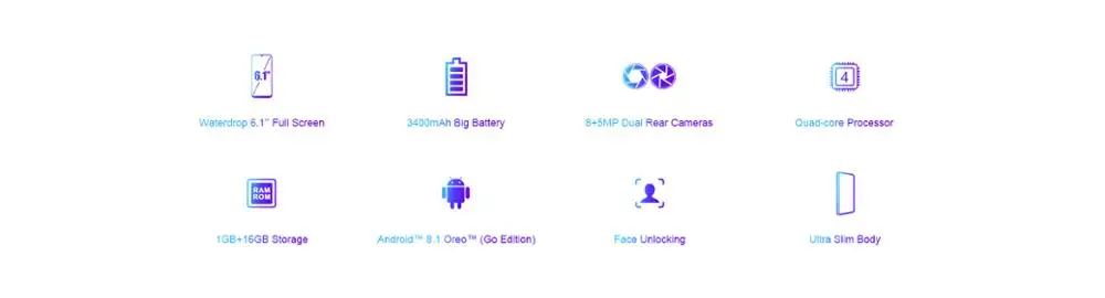 DOOGEE Y8c Android 8,1, 6,1 дюймов, 19:9, дроп LTPS экран, смартфон MTK6580, 1 ГБ ОЗУ, 16 Гб ПЗУ, 3400 мАч, две sim-карты, 8 Мп+ 5 МП, WCDMA
