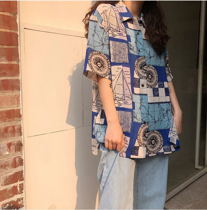 Женская блузка с коротким рукавом Cheerart Harajuku синяя свободная рубашка принтом топ