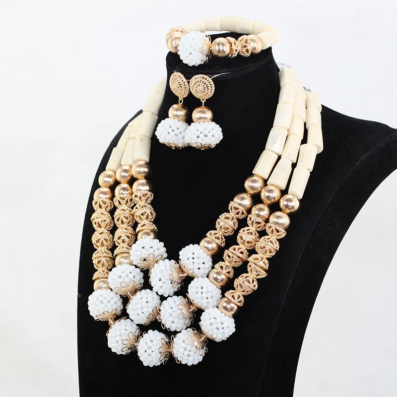 Charms White African Wedding Beads Jewelry Sets for Brides Dubai Gold Costume Women Statement Necklace Set Birthday Gift HX733 | Украшения