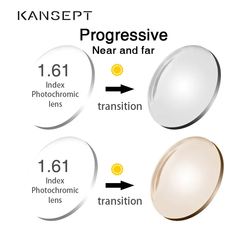 KANSEPT 1.61 Index Progressive Photochromic Aspheric Prescription Brand Resin Lenses Anti UV Oil Water Reflect Glasses Lens