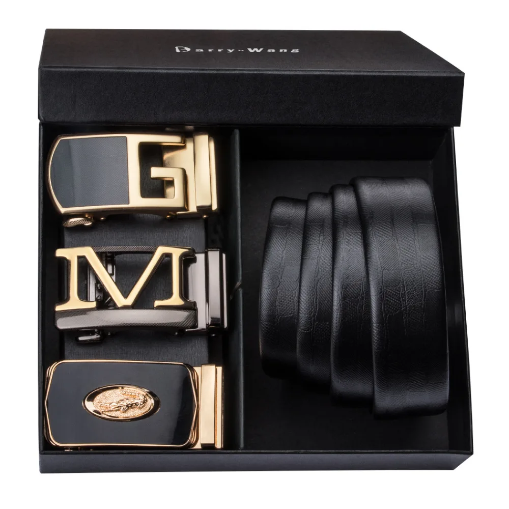 

PT-0004 Barry.Wang Automatic Buckle Genuine Leather luxury Belts For Men 110cm-150cm Long Alloy buckle Mens Belts Gift Box Sets