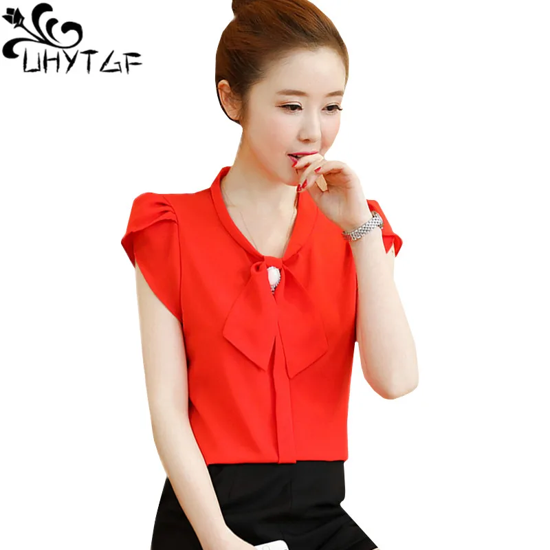 

UHYTGF New summer shirt blouse women's fashion chiffon tops and blouses V-neck bow pullover elegant female blouse plus size 673