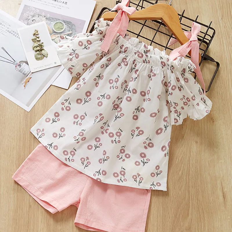 ax1059 Pink Повседневные комплекты одежды для девочек; летний комплект одежды для детей; Милая футболка с цветочным рисунком и шорты ; костюм ; детская одежда из 2 предметов ; комплект одежды для девочек - Цвет: ax1059 Pink