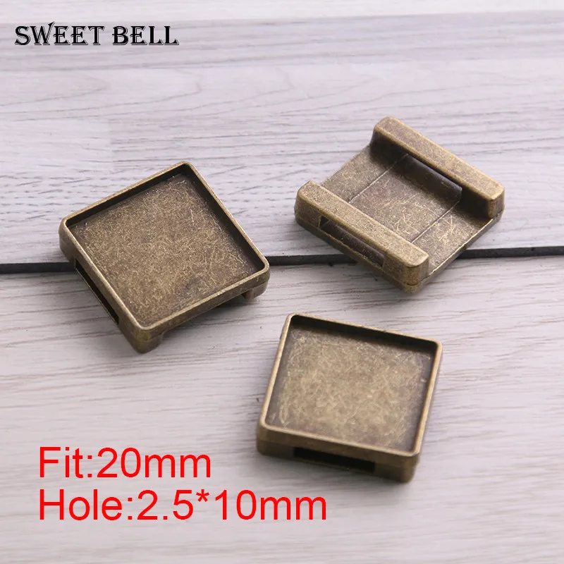 15pcs square leather slider beads two color blank 20mm cabochon setting diy bracelets making supplies hole 2.5*10mm D6425 | Украшения и