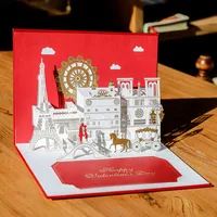 (10 pieces/lot) Top Class 3D Pop Up Couple Wedding Invitation Card Red Valentine's Gift Postcard Ferris Wheel Castle Card G1036R