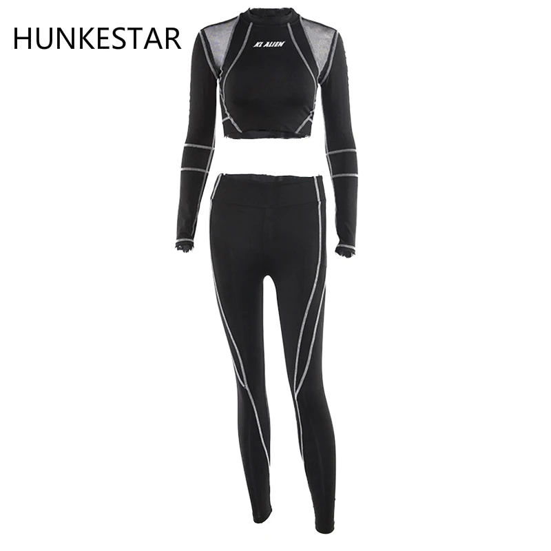 Черный лоскутный бесшовный Женский комплект 2 шт. спортивный костюм спортивная