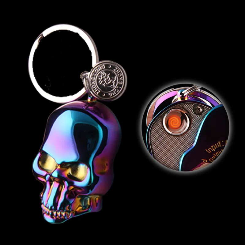 Мода Череп электронных USB зажигалки с кольцом для ключей ветрозащитный