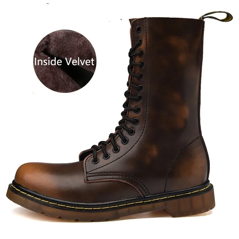 brown velvet Новые мотоциклетные Нескользящие мужские кожаные повседневные Роскошные военные ботинки, большие размеры 35-46 армейские весенне-зимние высокие армейские ботинки - Цвет: brown velvet