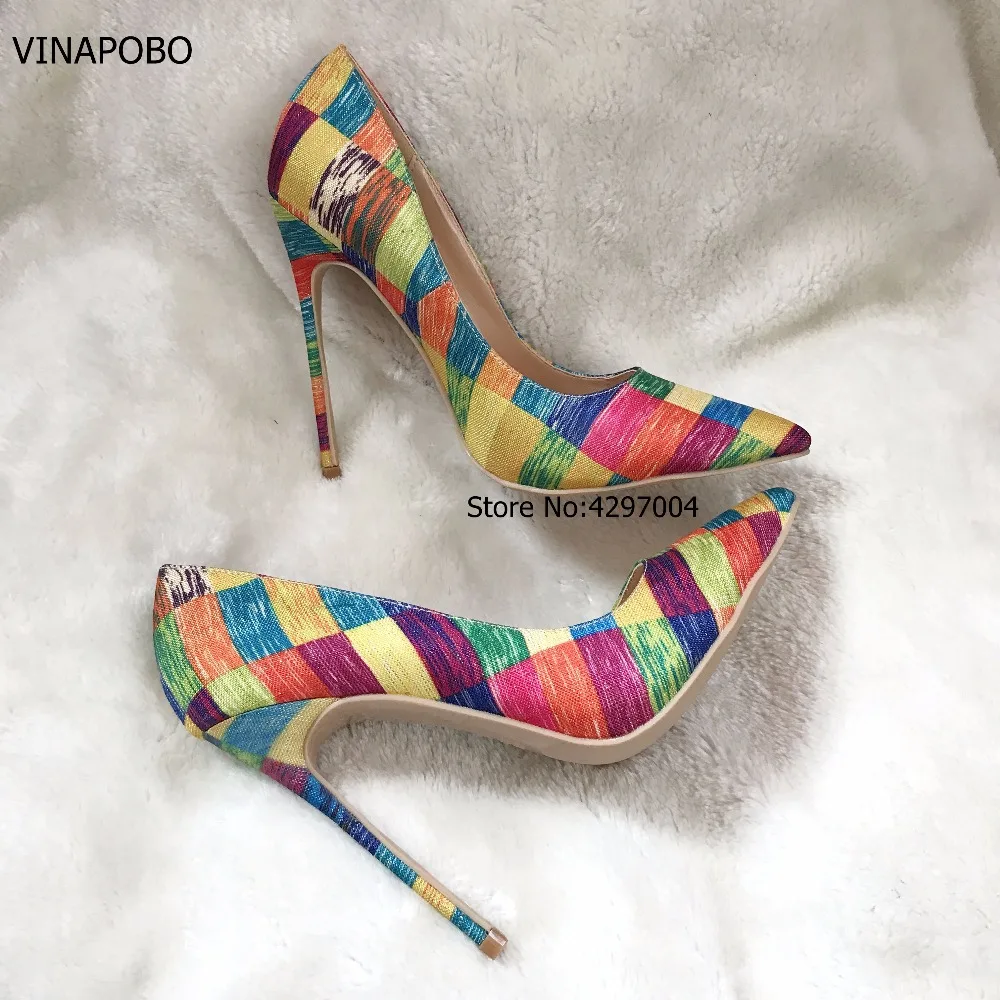 VINAPOBO Stiletto High Heels Women Pumps Colorful Plaid Striped Pointed Toe Shallow Footwear Autumn Party Ladies Shoes SIZE 43 | Обувь