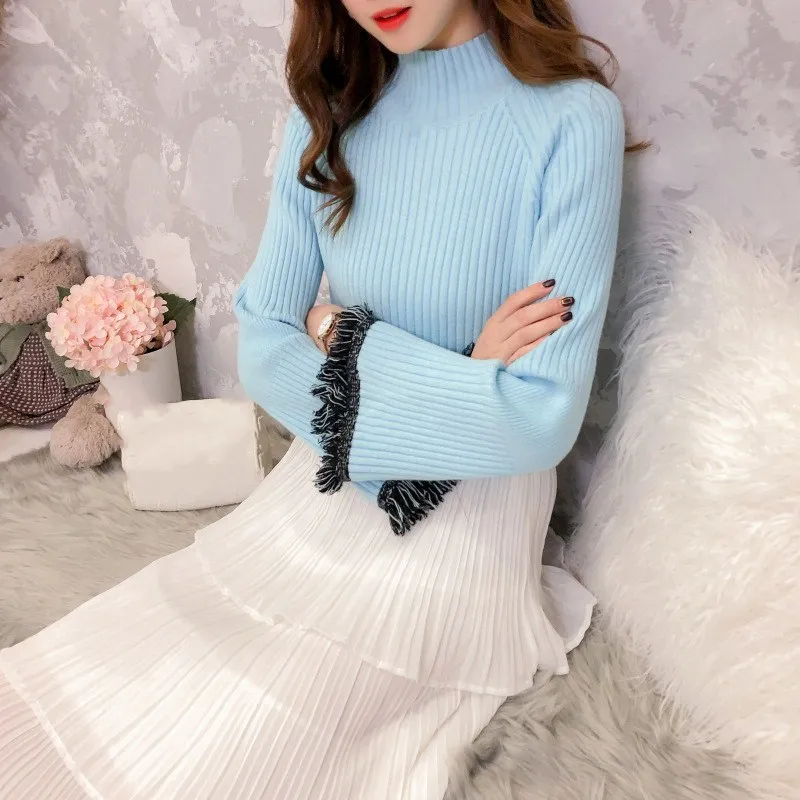 

New Fashion Autumn Winter Tassel Warm Sweaters Solid Casual Flare Sleeve Slim Tops Women Turtleneck Knitted Pullovers