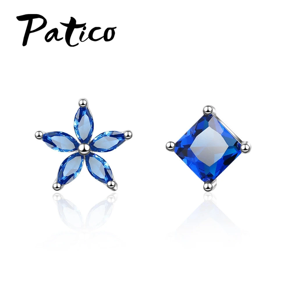 

100% 925 Sterling Silver Stud Earring Cubic Zirconia Flowers Asymmetry Flyleaf Earrings Fashion Jewelry